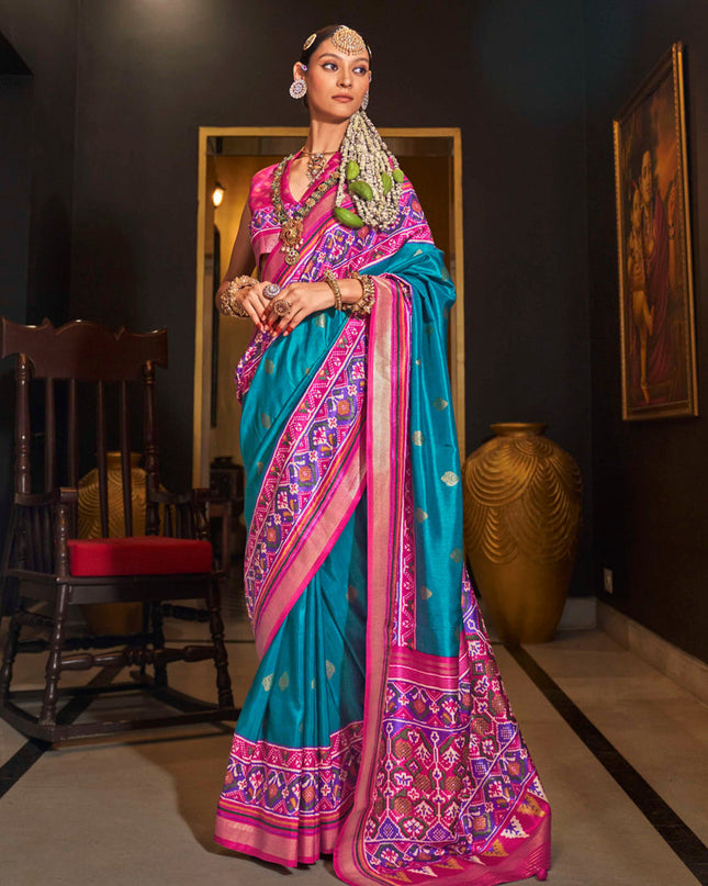 Azure Blue Silk Patola Saree for Festival