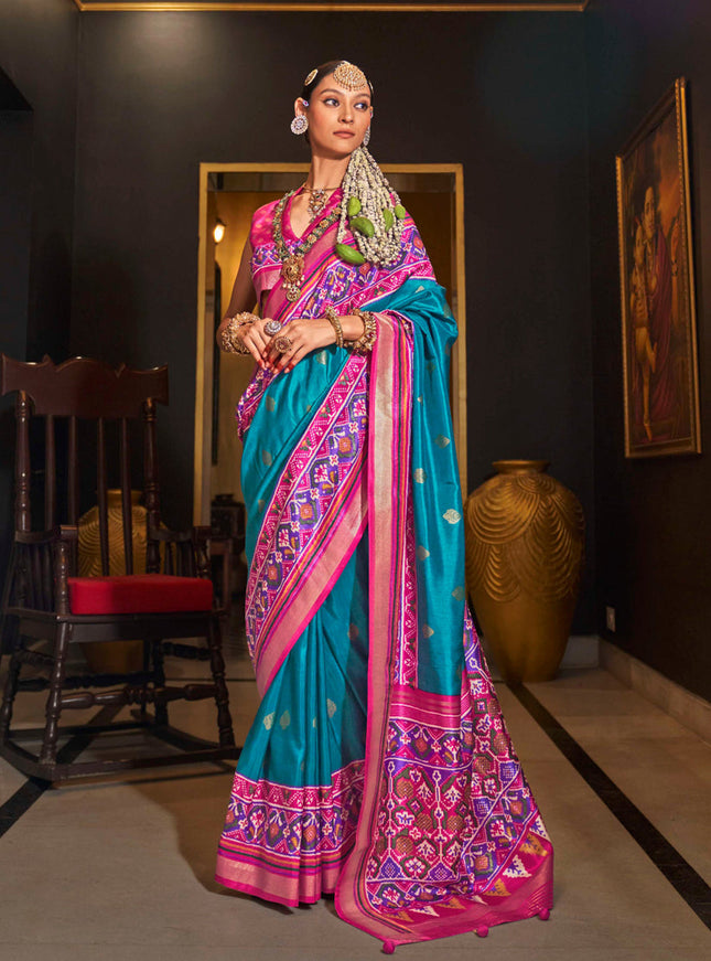 Azure Blue Silk Patola Saree for Festival
