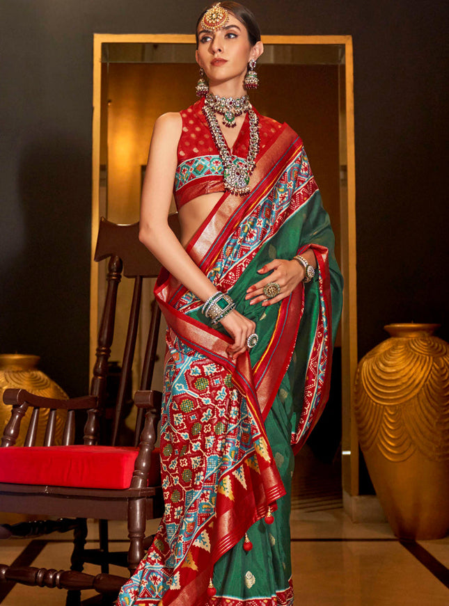 Bottle Green Silk Patola Saree for Festival