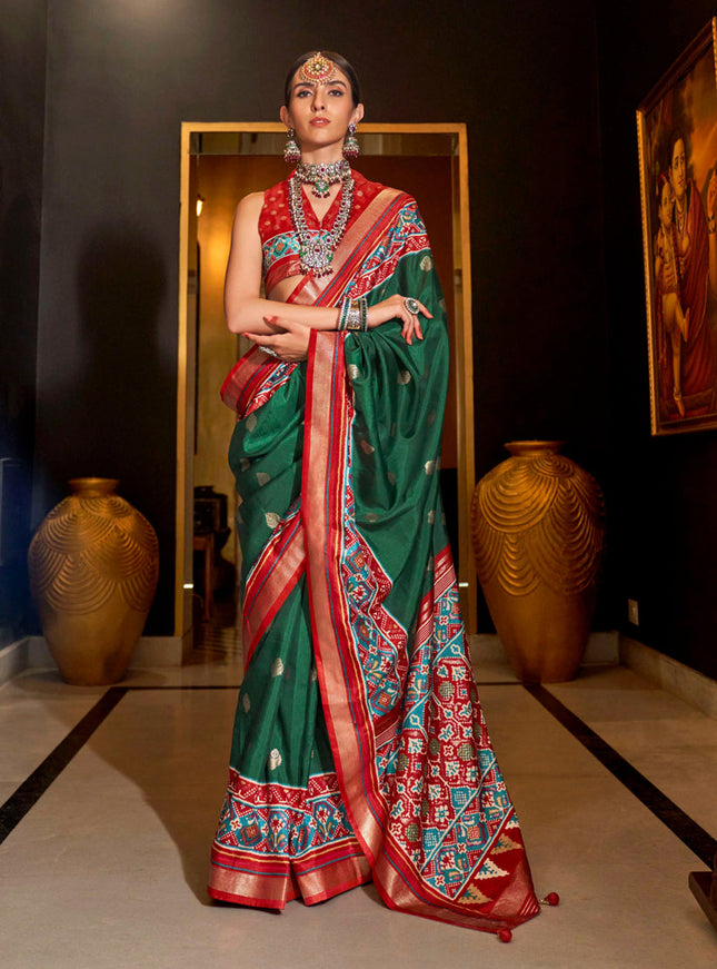 Bottle Green Silk Patola Saree for Festival