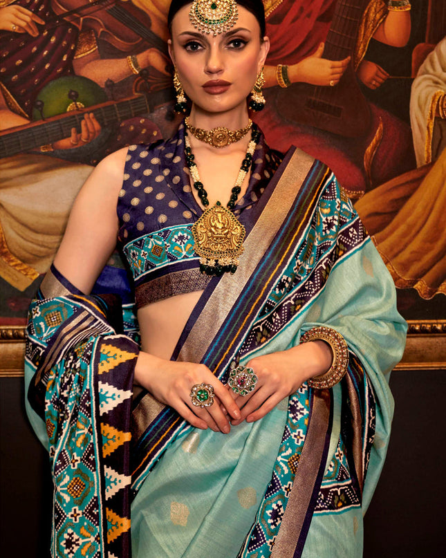 Mint Blue Silk Patola Saree for Festival