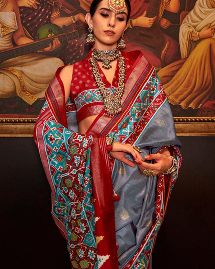 Stone Grey Silk Patola Saree for Festival