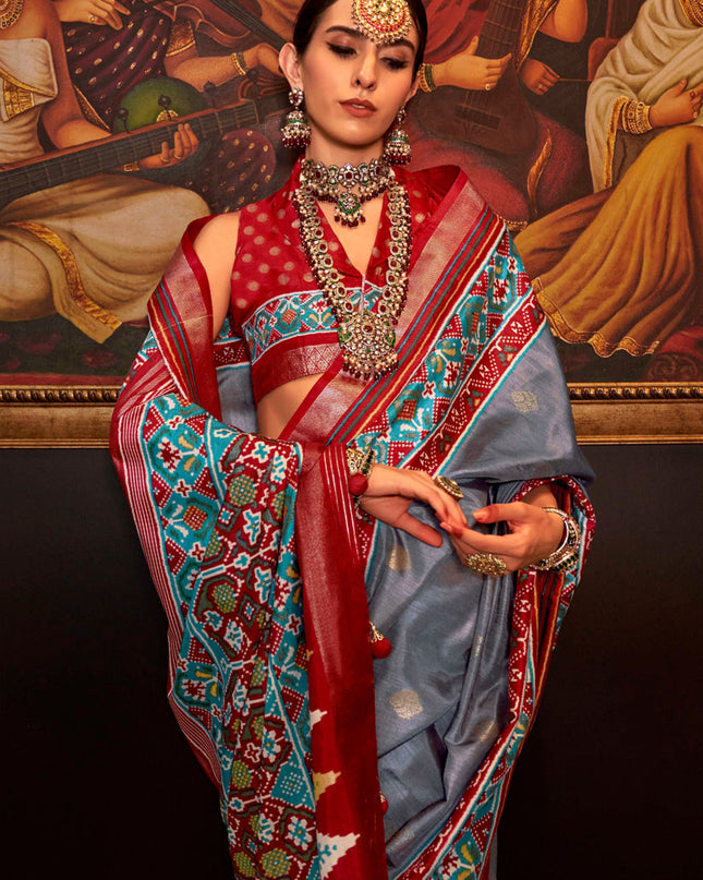 Stone Grey Silk Patola Saree for Festival