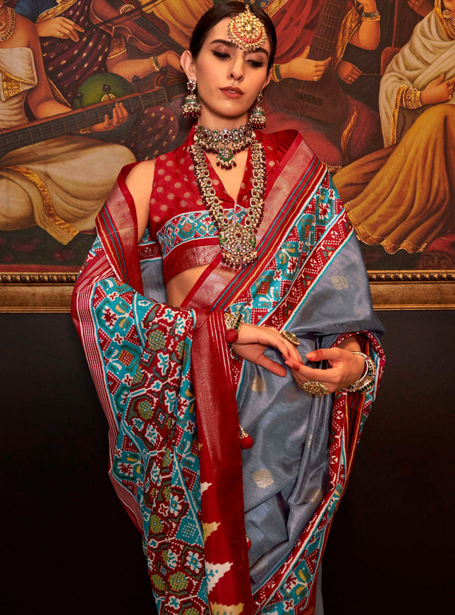 Stone Grey Silk Patola Saree for Festival