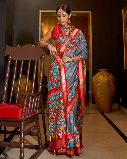 Stone Grey Silk Patola Saree for Festival