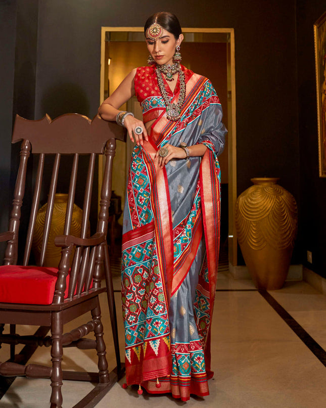 Stone Grey Silk Patola Saree for Festival