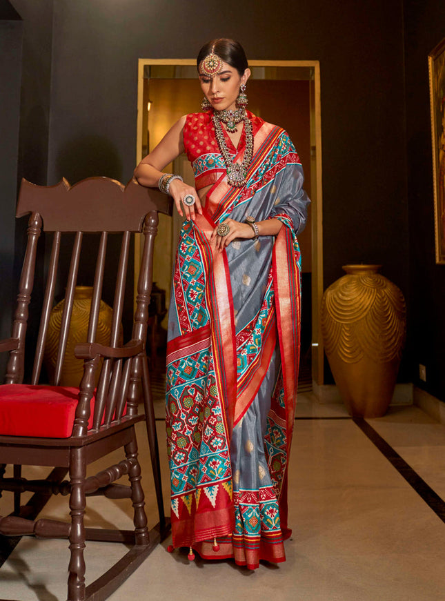 Stone Grey Silk Patola Saree for Festival