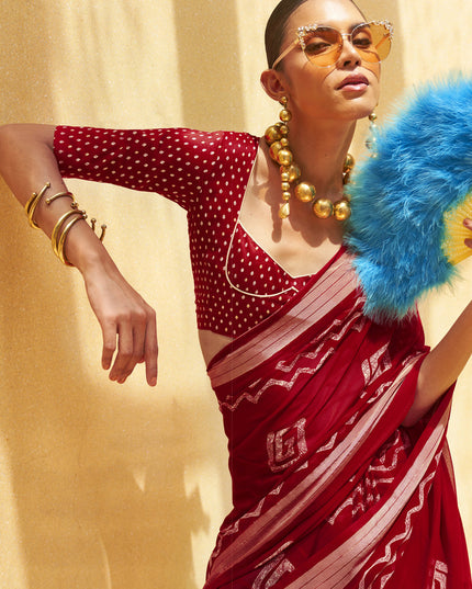 Crimson Red Georgette Foil Print Saree For Festival