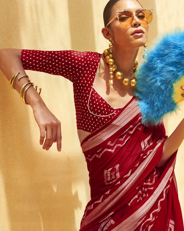 Crimson Red Georgette Foil Print Saree For Festival