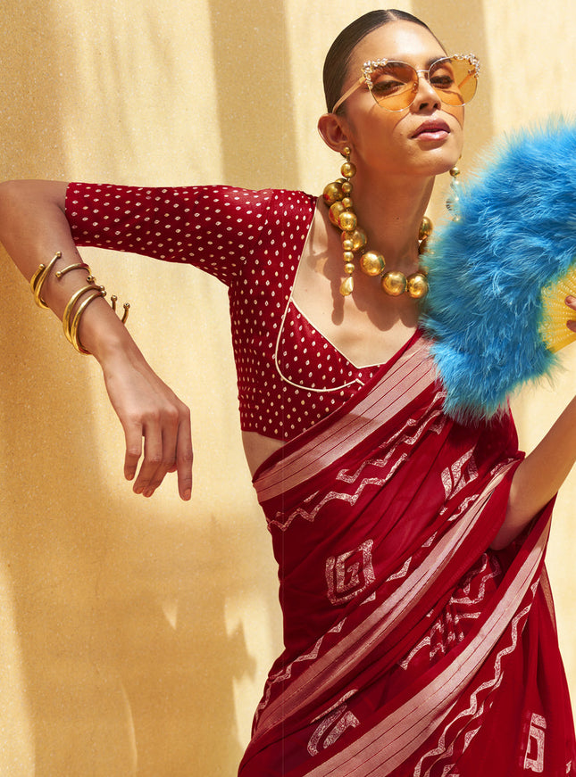 Crimson Red Georgette Foil Print Saree For Festival