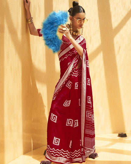 Crimson Red Georgette Foil Print Saree For Festival