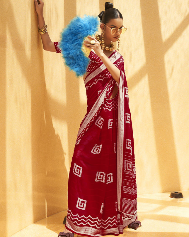 Crimson Red Georgette Foil Print Saree For Festival
