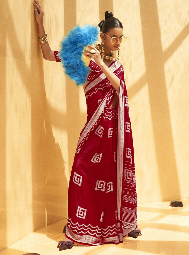 Crimson Red Georgette Foil Print Saree For Festival