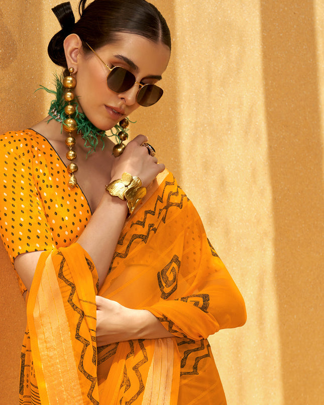 Golden Yellow Georgette Foil Print Saree For Festival