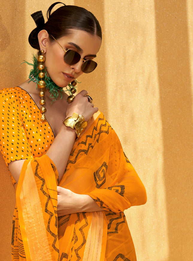 Golden Yellow Georgette Foil Print Saree For Festival