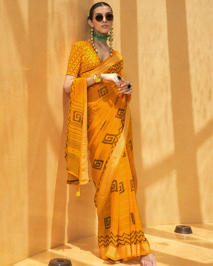 Golden Yellow Georgette Foil Print Saree For Festival