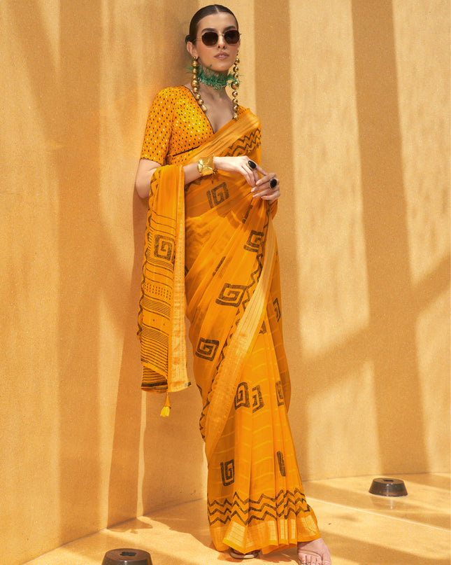 Golden Yellow Georgette Foil Print Saree For Festival