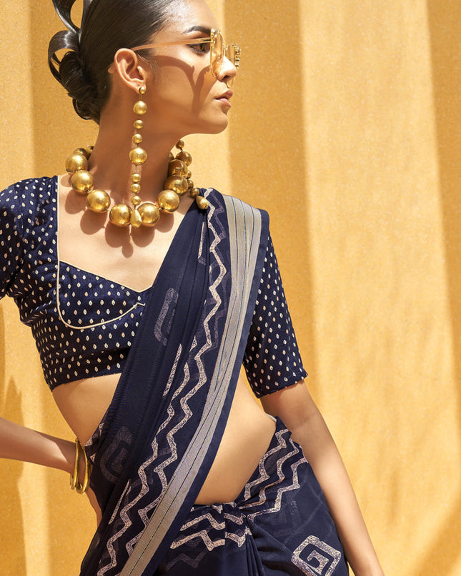 Midnight Blue Georgette Foil Print Saree For Festival