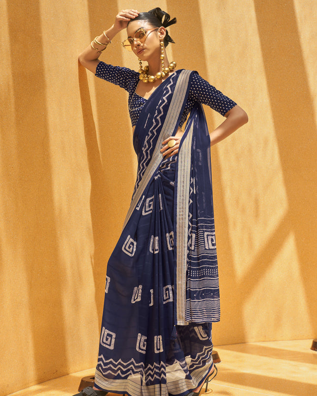 Midnight Blue Georgette Foil Print Saree For Festival