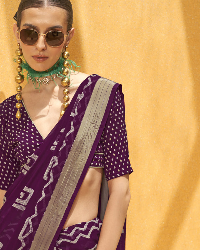 Wine Georgette Foil Print Saree For Festival