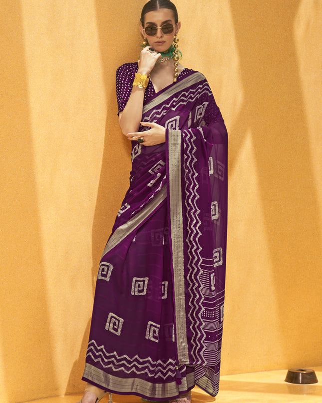 Wine Georgette Foil Print Saree For Festival