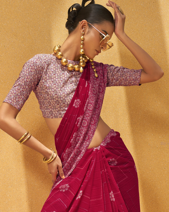Fuchsia Georgette Foil Print Saree For Festival
