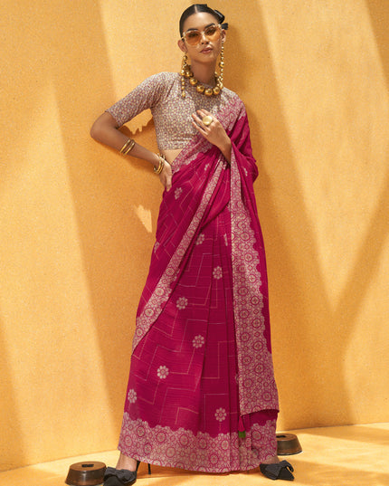 Fuchsia Georgette Foil Print Saree For Festival