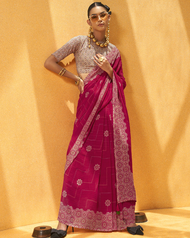 Fuchsia Georgette Foil Print Saree For Festival