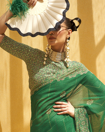 Kelly Green Georgette Foil Print Saree For Festival