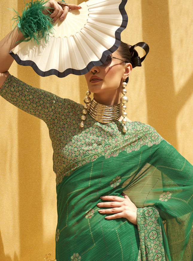 Kelly Green Georgette Foil Print Saree For Festival