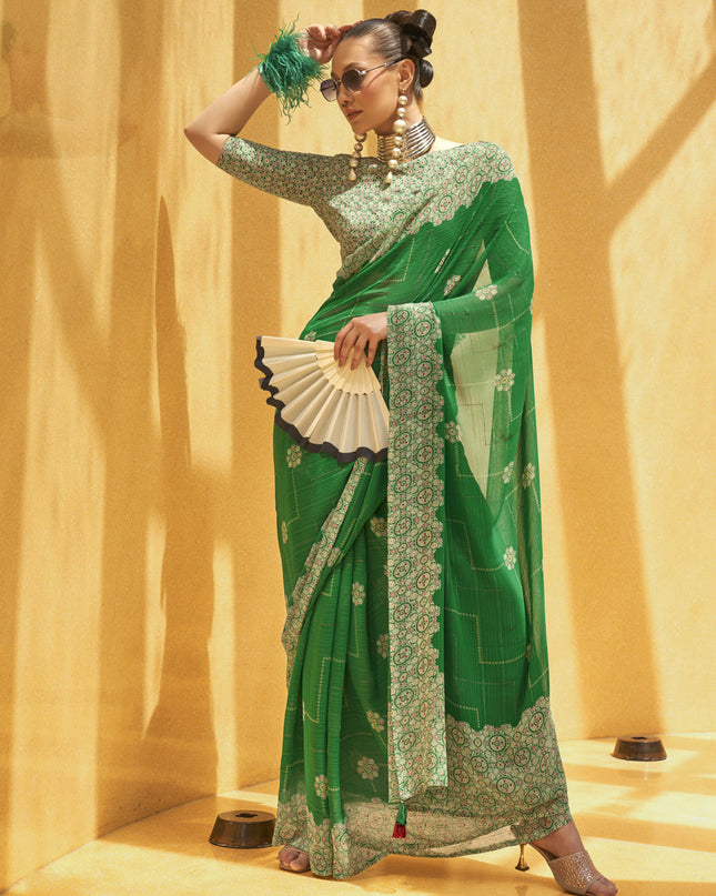 Kelly Green Georgette Foil Print Saree For Festival