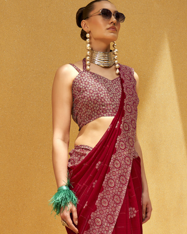 Strawberry Pink Georgette Foil Print Saree For Festival