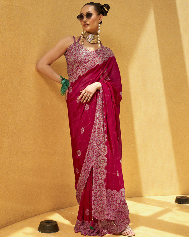 Strawberry Pink Georgette Foil Print Saree For Festival