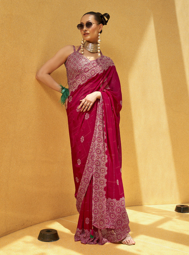 Strawberry Pink Georgette Foil Print Saree For Festival