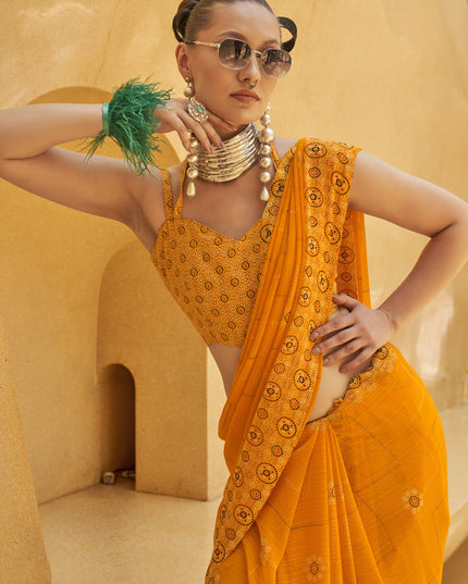 Sunny Yellow Georgette Foil Print Saree For Festival