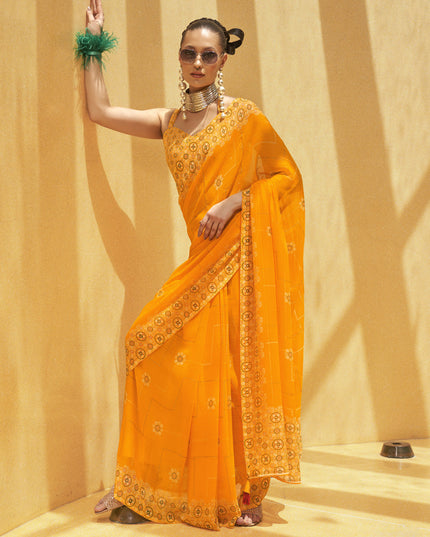 Sunny Yellow Georgette Foil Print Saree For Festival