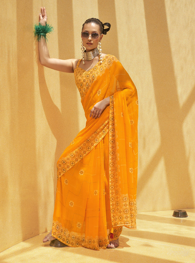 Sunny Yellow Georgette Foil Print Saree For Festival