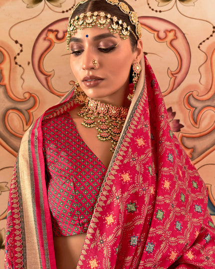 Gajari Pink Gold Print Silk Saree for Festival