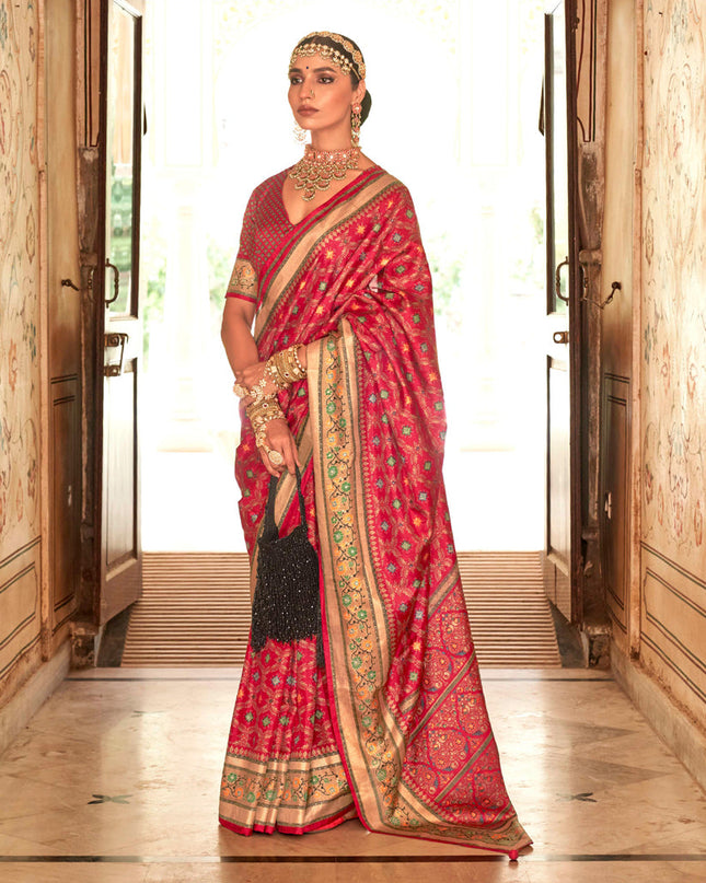 Gajari Pink Gold Print Silk Saree for Festival