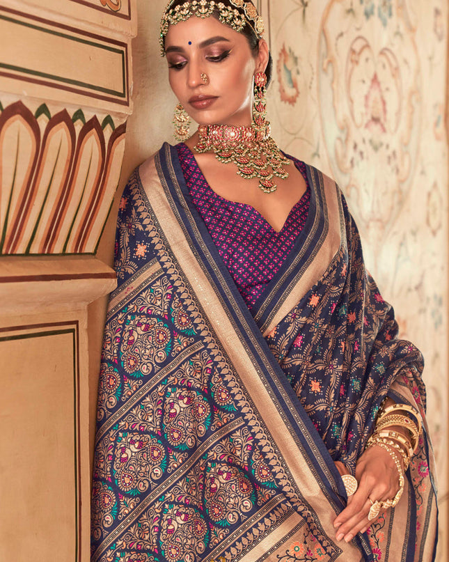 Midnight Blue Gold Print Silk Saree for Ceremonial