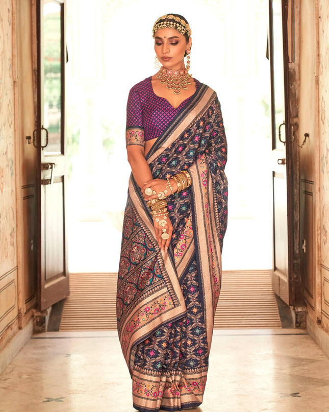 Midnight Blue Gold Print Silk Saree for Ceremonial