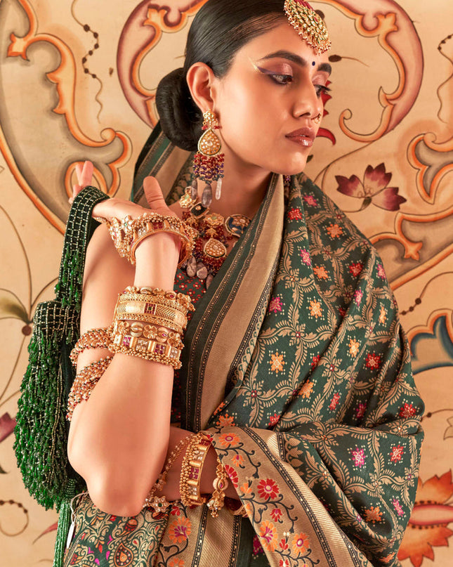 Pine Green Gold Print Silk Saree for Festival