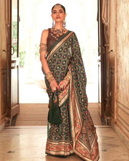 Pine Green Gold Print Silk Saree for Festival