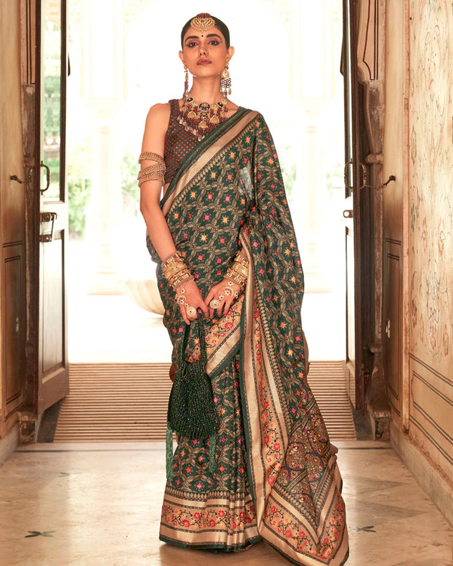 Pine Green Gold Print Silk Saree for Festival
