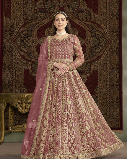 pink sequins embroidered net anarkali suit