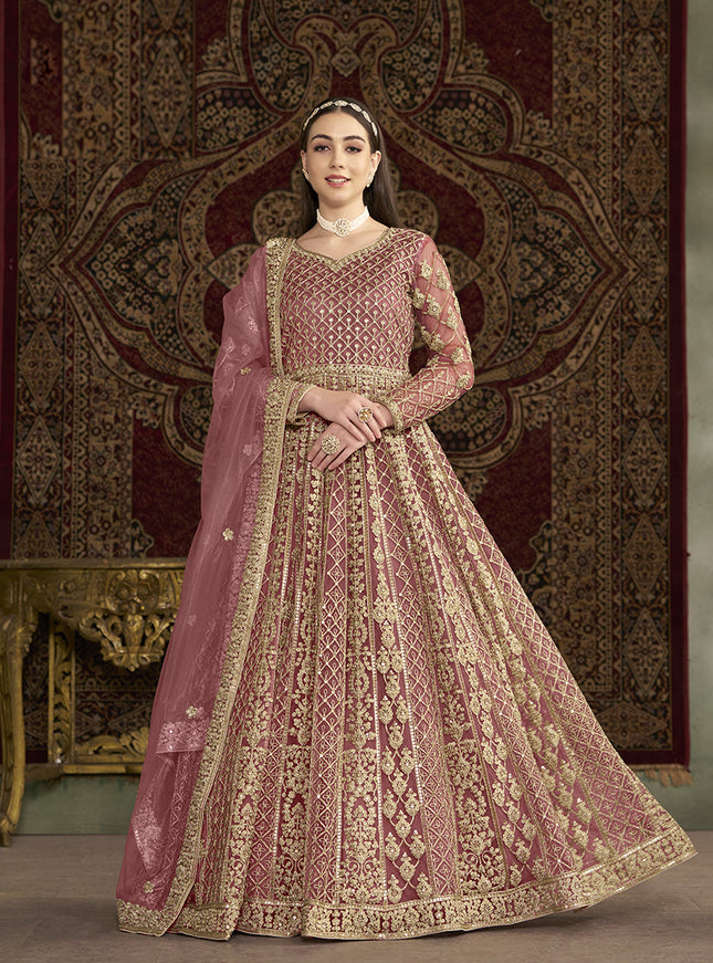 pink sequins embroidered net anarkali suit