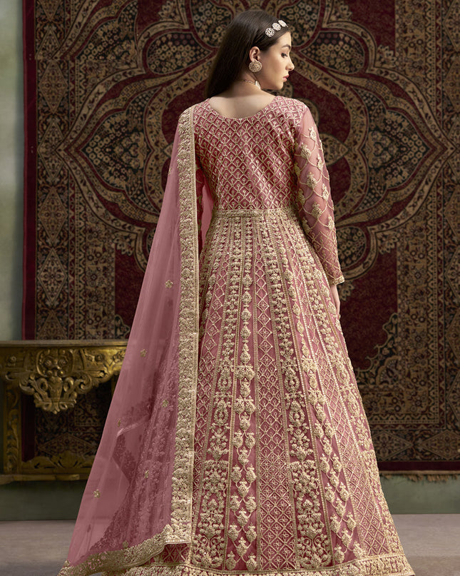 pink sequins embroidered net anarkali suit