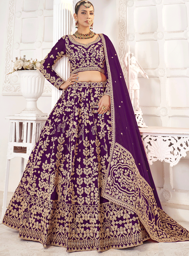 Wine Tissue Organza Embroidered Designer Lehenga Choli