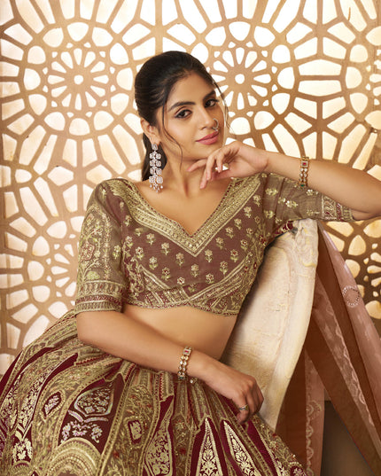 Brown Heavy Embroidered Sequins Banarasi Silk Lehenga Choli Wedding Wear