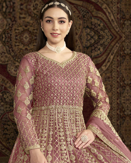 pink sequins embroidered net anarkali suit